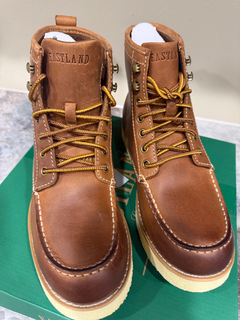 Eastland Tan Brown Leather Moc Toe Work Boots with Cream Outsole - Picture 4 of 5